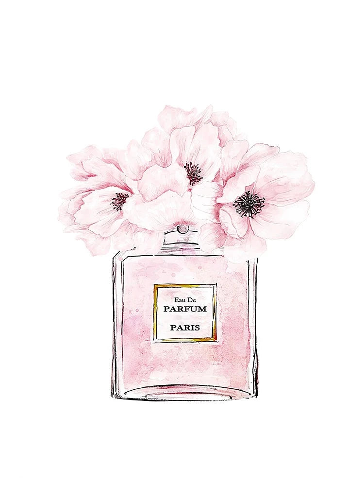Coco Chanel Pink Floral Perfume Bottle Wall Print