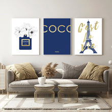 Load image into Gallery viewer, Navy Blue &amp; White Flower Perfume Bottle Print
