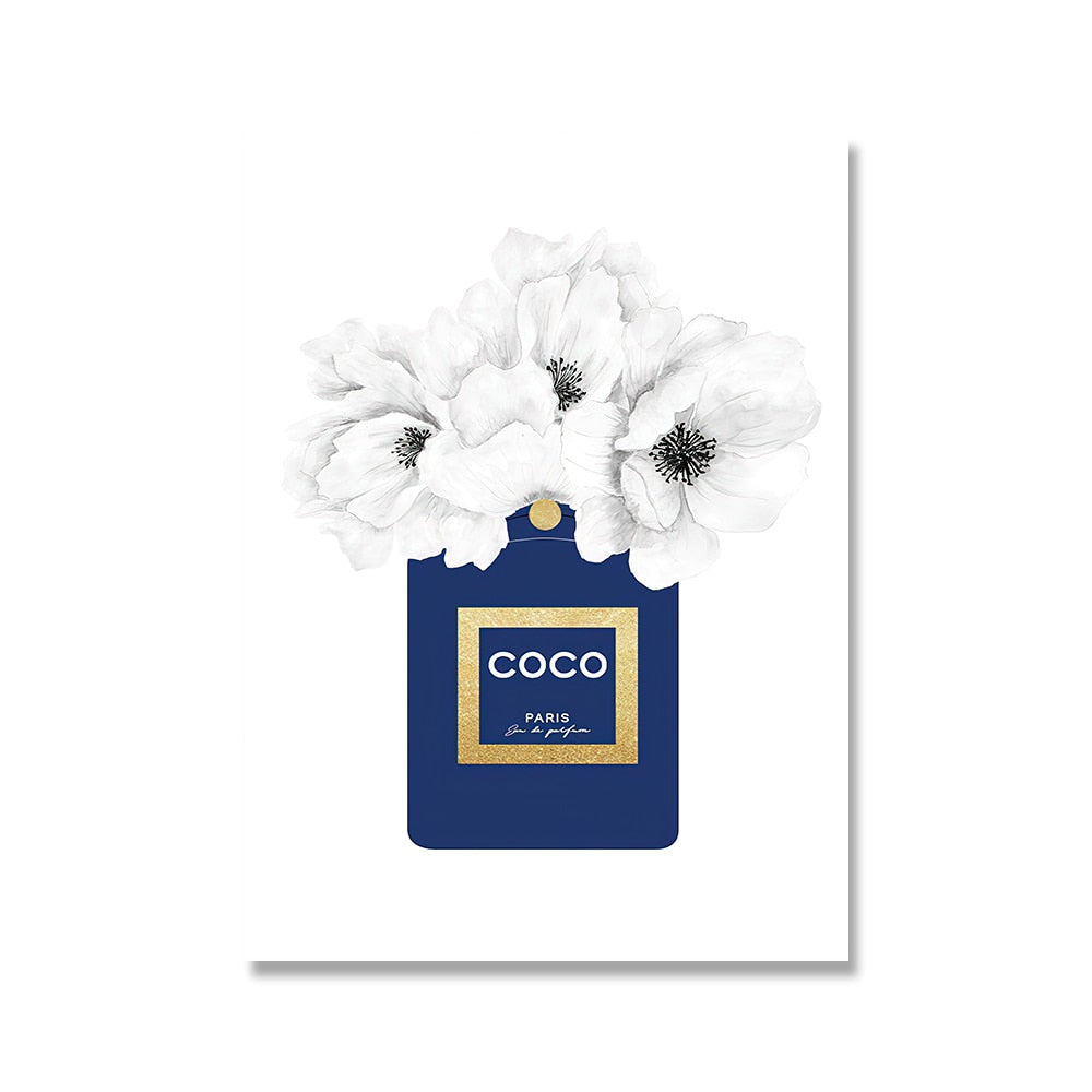 Navy Blue & White Flower Perfume Bottle Print