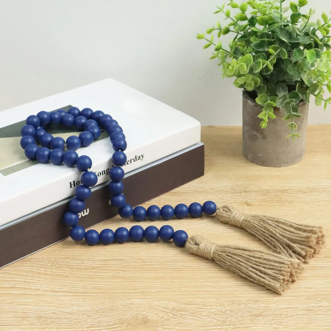 Dark Blue Wooden Bead Garland With Tassels