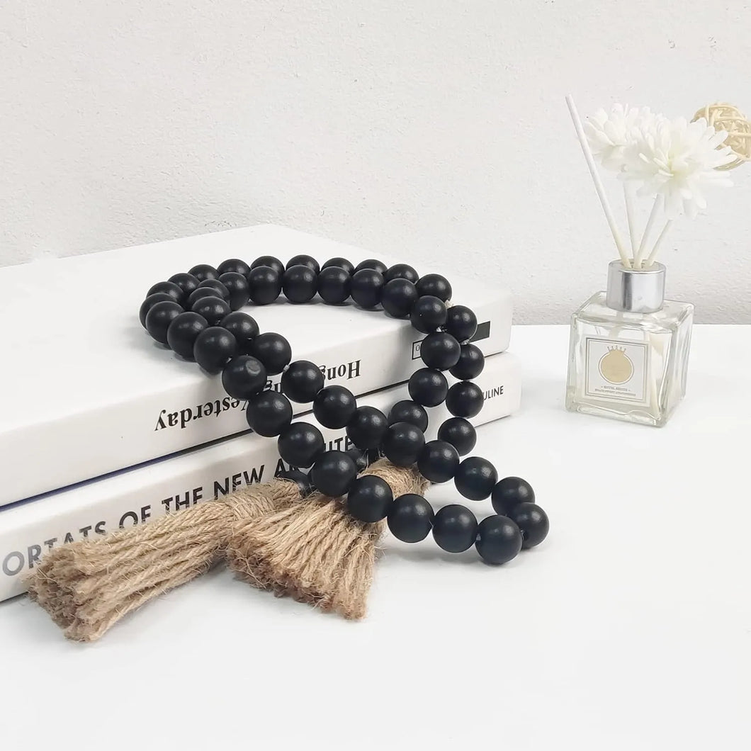 Black Wooden Bead Garland With Tassels
