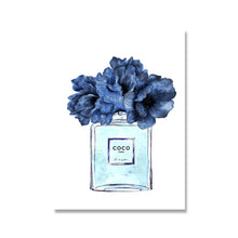 Load image into Gallery viewer, Coco Chanel Dark Blue Floral Perfume Bottle Wall Print
