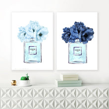 Load image into Gallery viewer, Coco Chanel Dark Blue Floral Perfume Bottle Wall Print
