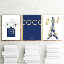 Load image into Gallery viewer, Navy Blue &amp; White Flower Perfume Bottle Print
