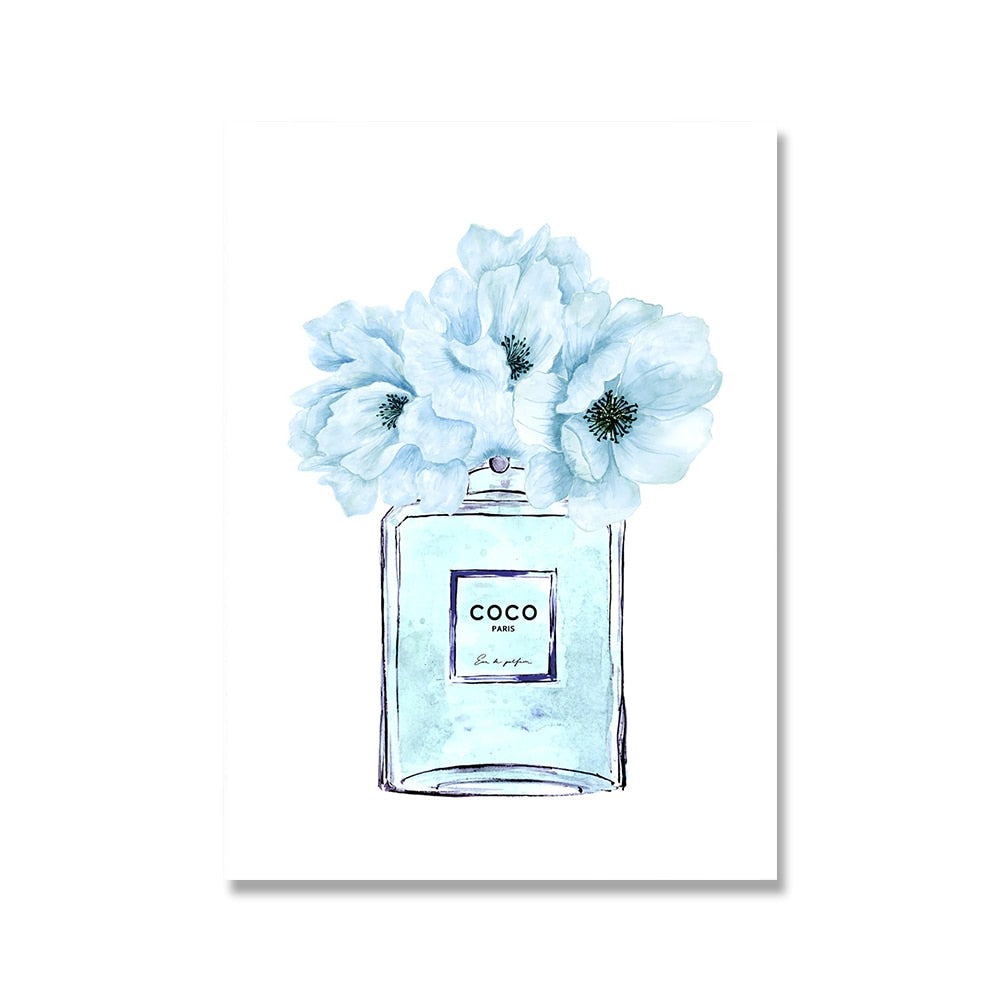 Coco Chanel Light Blue Floral Perfume Bottle Wall Print – HAREWOOD