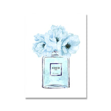 Load image into Gallery viewer, Coco Chanel Light Blue Floral Perfume Bottle Wall Print
