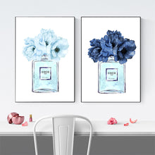 Load image into Gallery viewer, Coco Chanel Light Blue Floral Perfume Bottle Wall Print
