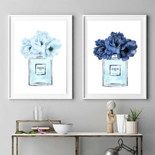 Load image into Gallery viewer, Coco Chanel Dark Blue Floral Perfume Bottle Wall Print
