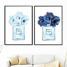 Load image into Gallery viewer, Coco Chanel Dark Blue Floral Perfume Bottle Wall Print
