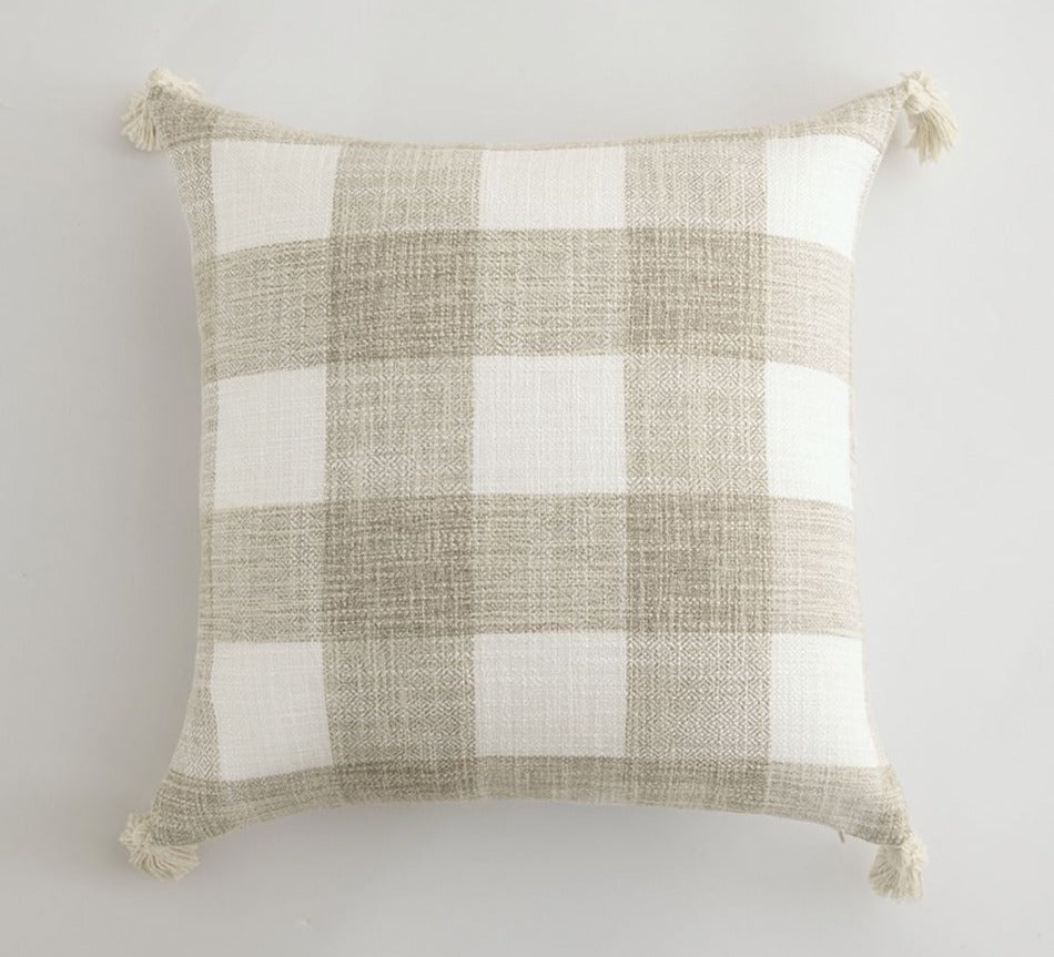 Cream & White Check Tassel Cushion Cover