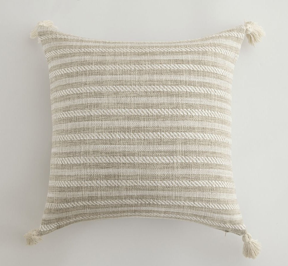 Cream & White Stripe Tassel Cushion Cover